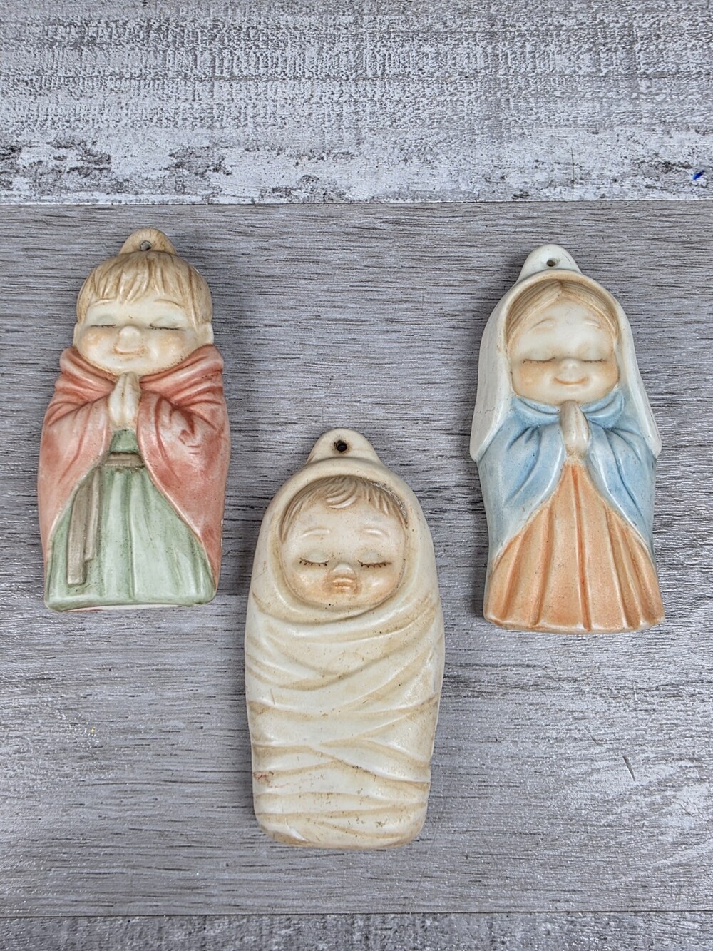 Hand Painted Bisque Nativity Ornaments Mary Shepherd Baby Jesus Set 3 Vtg 25a4